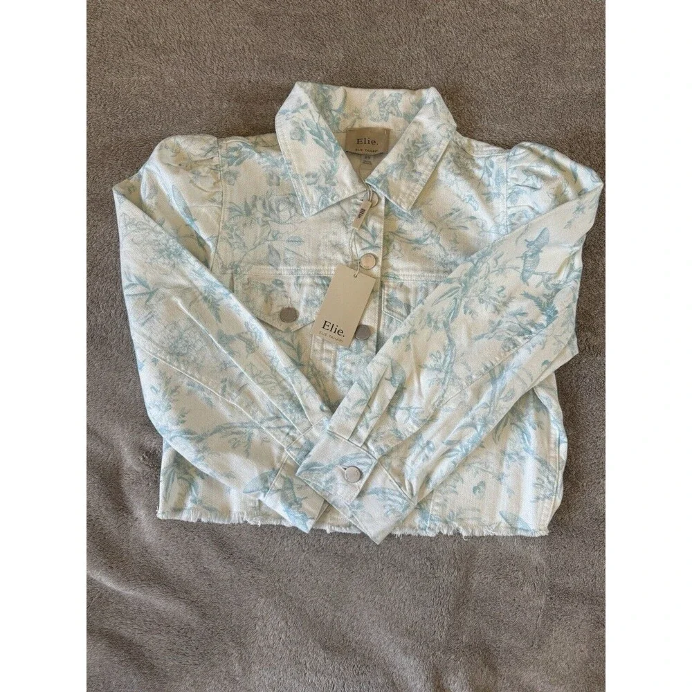 ELIE TAHARI Floral Denim Jacket Cropped Raw Hem White Blue Size M Cotton - Picture 4 of 16